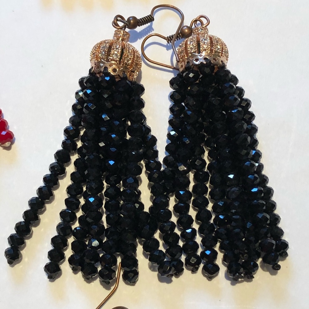 Black/Antique Rose Gold Crystal Tassel Earrings